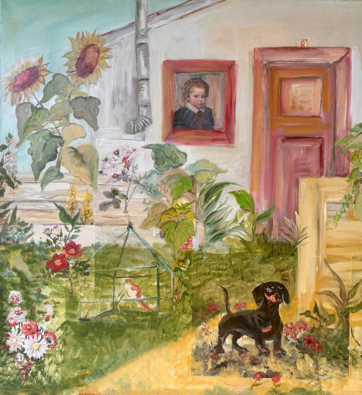 Angelika Panagiotidou-Prapa,“Dolly in the Garden”, oil on canvas , 140 x 140 cm , 2024