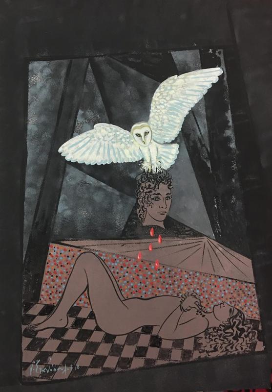 Georgios Stathopoulos, Bird's lament, acrylic on cardboard