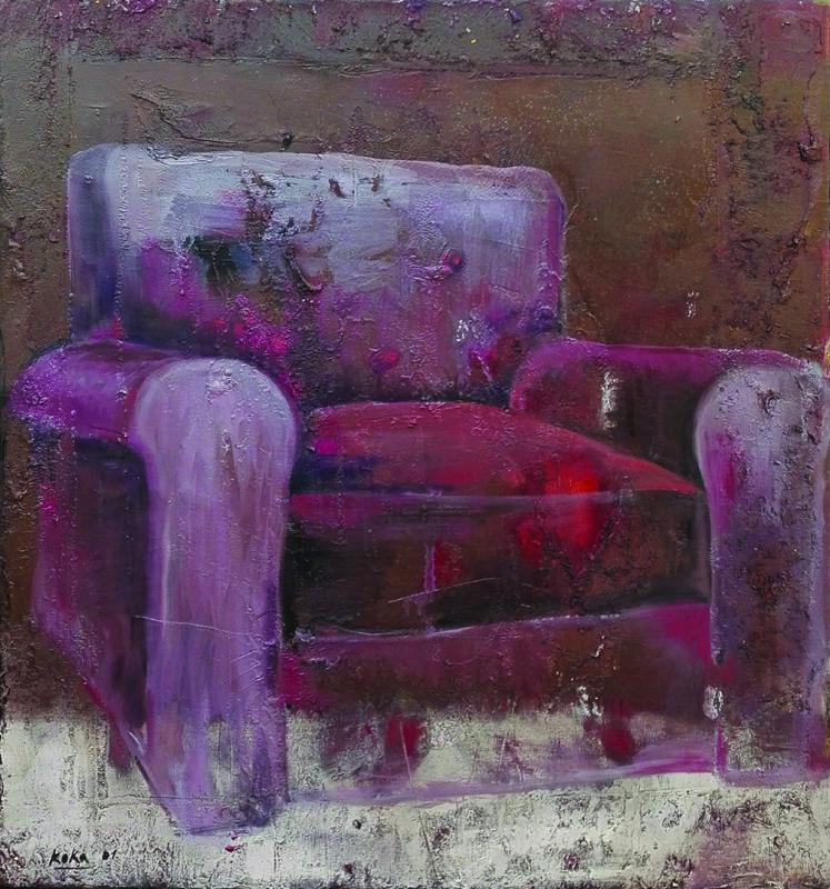 Idlir Koka, 1979, Red armchair , 2001, mixed media on canvas, 68x64 cm