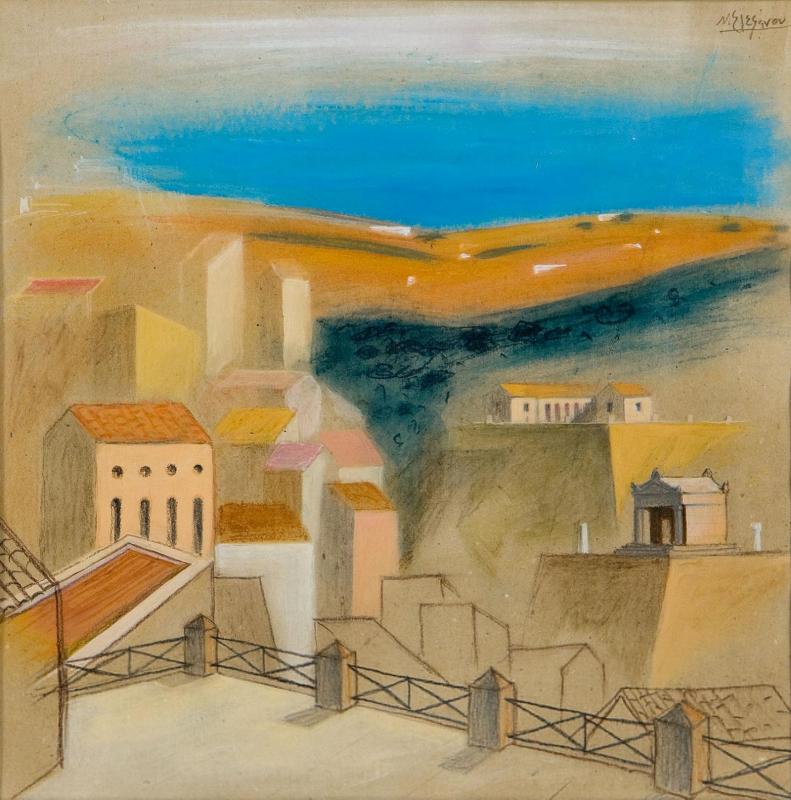 Nikos Stefanou,Landscape,pastel on paper,1989