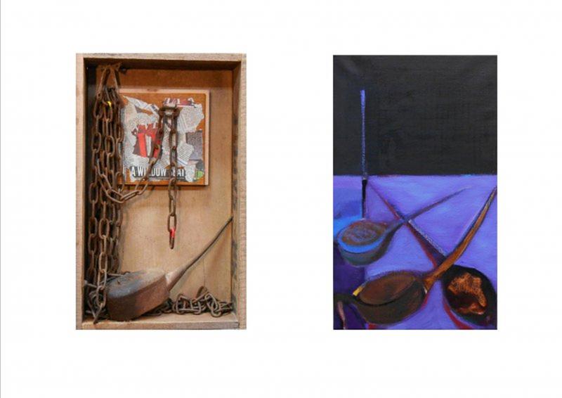 Stavros Kotsireas Oil Can and Chains (diptych) 2017 Construction - Mixed Media, (wood, metal, news articles), 49x31x12cm Painting - Oil on canva
