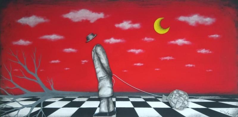 Xilovatis Ioannis, 2025, the one thousand faces of mr Jones, 120x60 cm mixed media on wood 3D