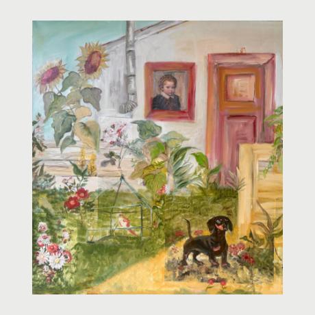 Angelika Panagiotidou-Prapa,“Dolly in the Garden”, oil on canvas , 140 x 140 cm , 2024