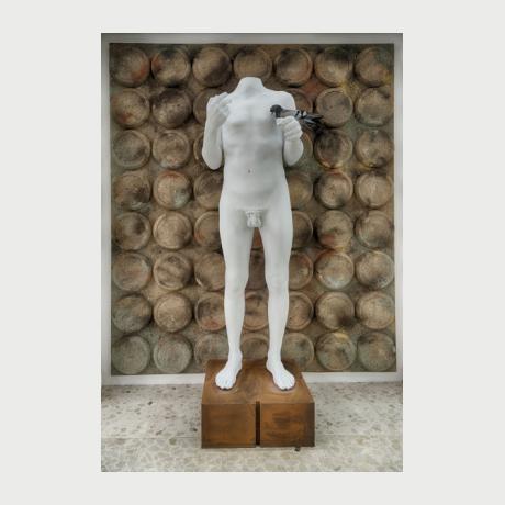 Dimitris Alithinos, Untitled, 2011-2018, Clocks, soil,plaster, rock dove, 177 x 204 cm
